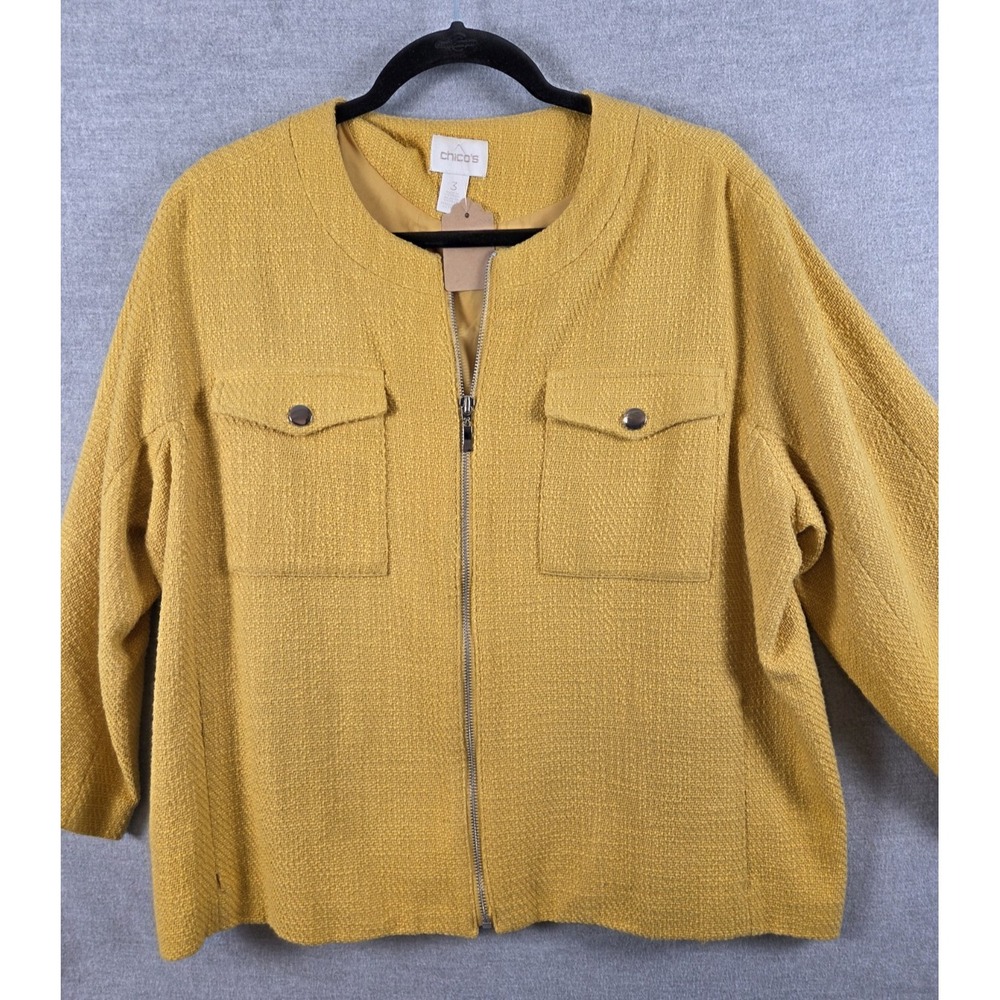 Chicos 3 Glistening Yellow Textured Swing Jacket Womens XL Full Zip Blazer